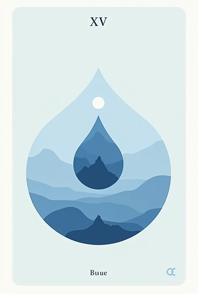 A minimalist tarot card design without a background, featuring Roman numeral "XV" at the top in a sleek, modern font. The card should use a color palette inspired by Pantone blues, especially Mystic Blue, Bit of Blue, and Delicate Blue. The design should b...