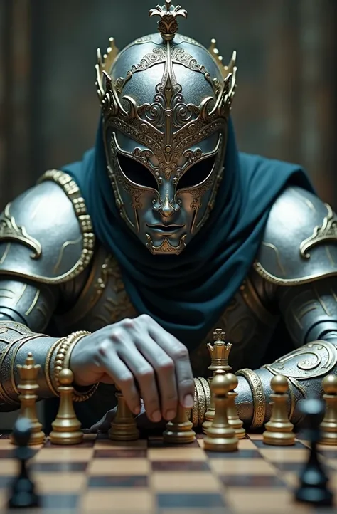 A man playing chess. The person is wearing a silver mask with intricate designs and patterns on it. The mask has a crown on top. They are also wearing a silver armor with gold accents and have their hands on the chessboard. The background is blurred, but i...