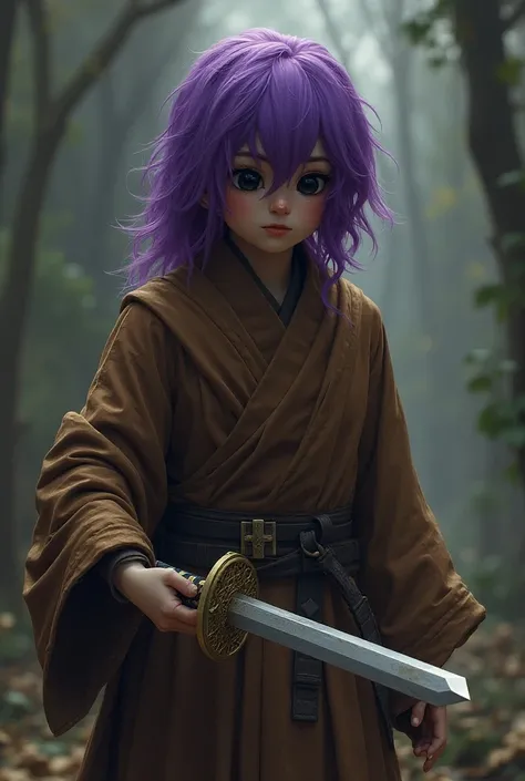 Black-eyed purple haired bloke in brown robe wearing minecraft katana weapon