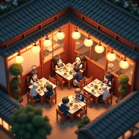 Bird&#39;s-eye view，Japanese restaurant，Neatly arranged，Some cute cartoon characters are eating inside， detailed facial ， game scene ， conceptual art，3d cartoon，Warm lighting，Night lights (masterpiece, best quality), 8k,(((Very detailed)))