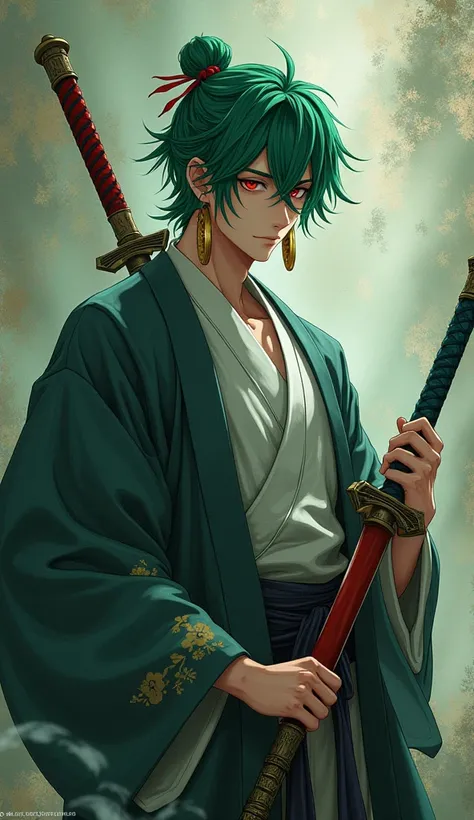 "An anime character with vibrant green hair and a scar above his left eyebrow. Dressed in a traditional Japanese kimono, he wields three legendary swords and is adorned with three gold earrings, exuding a strong Demon Slayer aura inspired by Roronoa Zoro. ...