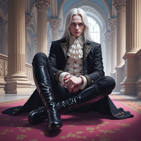 score_9, score_8_up, score_7_up, (adult: 1,2), One, masterpiece, Gothic Palace, a man sits , cross-legged,  Pale skin,  long white hair ,  frilled shirt , hussar jacket,  black pants ,  black riding boots 