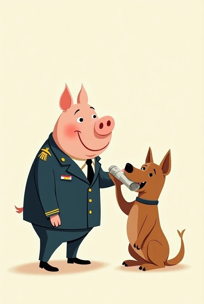 Draw a cartoon of a pig in uniform petting a guard dog holding a rolled up sheet of newspaper in its mouth