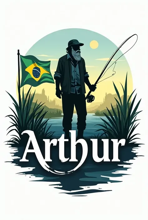 A logo for a fishing company with the name Arthur , Brazilian flag with a bearded man fishing alone in the Pantanal looking like a LOGO