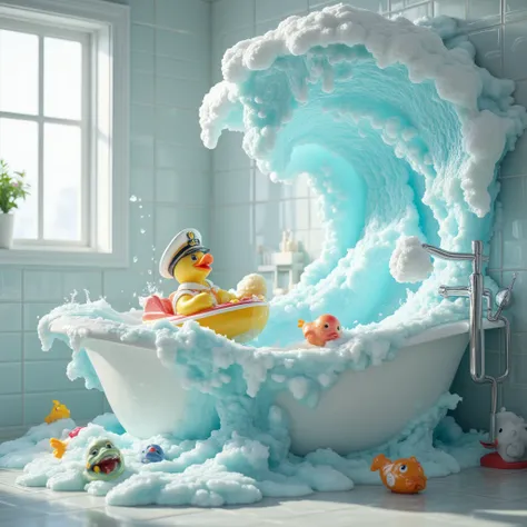 A whimsical and adventurous scene in a cozy bathroom where a small rubber duck bath toy, dressed as a brave captain, is navigating a colorful toy boat in a large porcelain bathtub. A massive, foamy wave towers above, just about to crash over the tiny boat,...