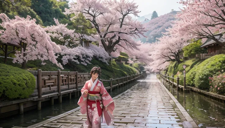 Highly detailed CG Unity 8K wallpaper , Realistic, Hands of Guido Daniele, wearing kimono_Clothes, Wooden bridge, Cherry blossom crest, wreath,lace-trimmed kimono, Stone Brick Road, Wet road, geta, Two-toed socks