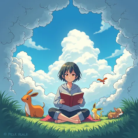 Draw an anime-style picture on the theme: "My Big Journey"
In a figurative sense. As a place to hide from external problems. 
Draw an anime image of a person
 reading a book
There are magical clouds, objects, and animals all around.
Draw an anime-style ima...