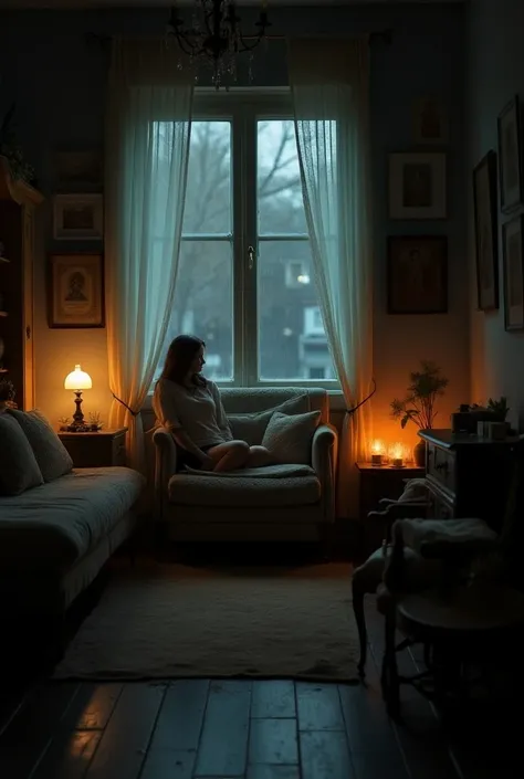 A cozy, dimly lit room with soft lighting, vintage decor, and a window showing a rainy street at night. Pastel colors and grainy textures, with a calm, nostalgic atmosphere.