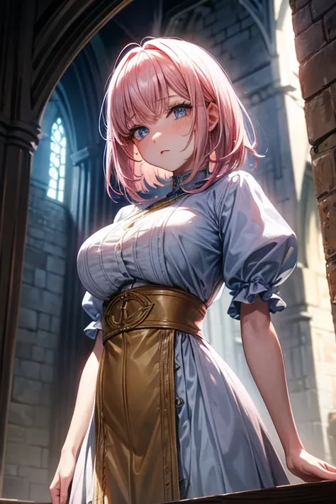 1 , fringe, pink hair,  Big breasts , blue eyes, milky skin,  short hair, straight hair, castle, Light Yellow Dress, medieval