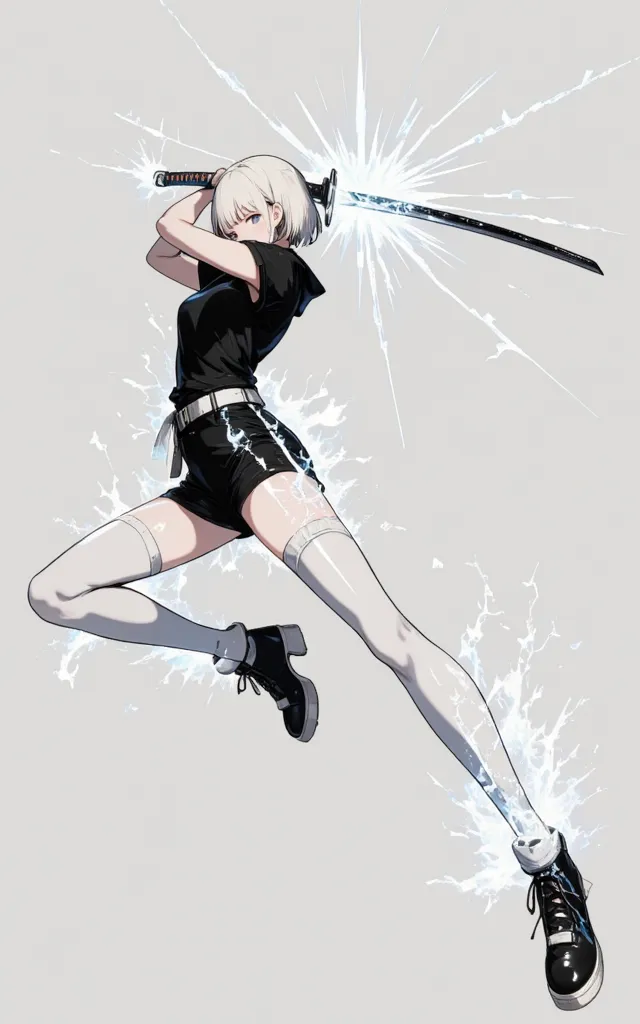 1girl,solo,full body, white hair, short hair,armed,holding 1 japanese katana sword, katana is shining, katana is exploding, the ...