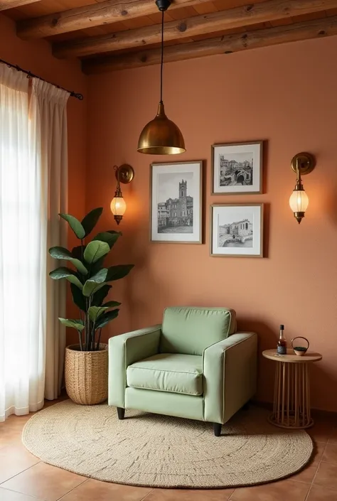 Design a minimalist Spanish-style living room with a central wall of orange-red bricks from the 19th century, gently whitewashed for a rustic but warm atmosphere. The room features a balance of traditional Spanish charm and modern comfort. Warm, earthy col...