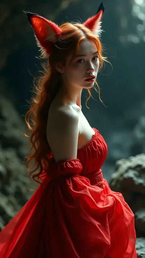 The image of a beautiful woman is surreal. She is in a dark and deep cave, wearing bright red clothes. She has a graceful figure and charming eyes, and the surrounding stone walls are shining with strange light. The lens adopts a close focus to highlight t...