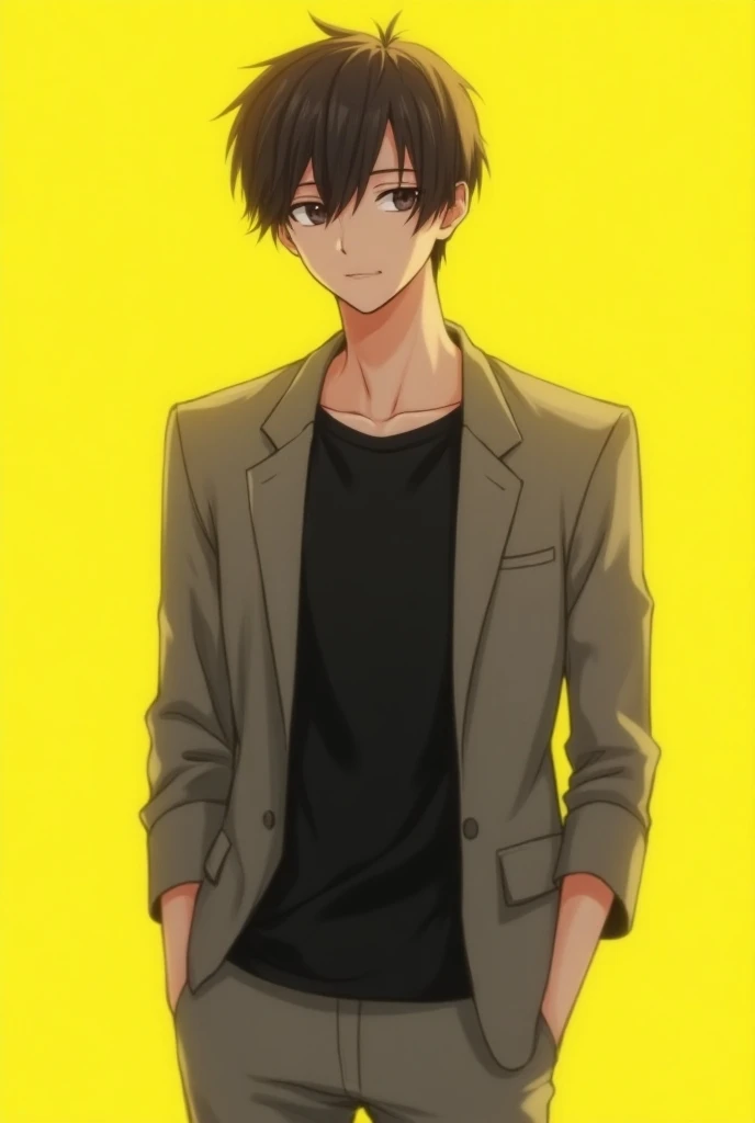 Anime boy black t shirt gray jacket clean yellow background 