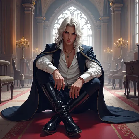 score_9, score_8_up, score_7_up, (adult: 1,2), One, masterpiece, Gothic Palace,very handsome man sitting , cross-legged,  Pale skin,  long white hair ,  shirt  , hussar jacket,  black pants ,  black riding boots