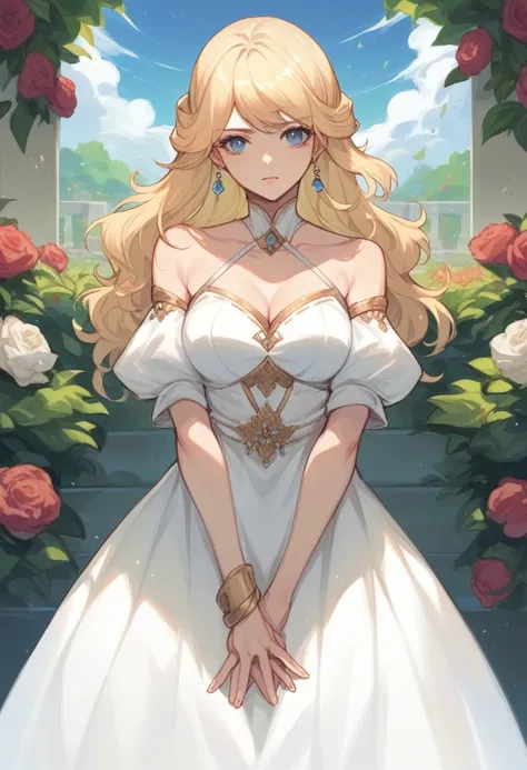  anime girl in a white dress、garden、Russian style、middle ages、Blonde、A beautiful fantasy queen、Front View