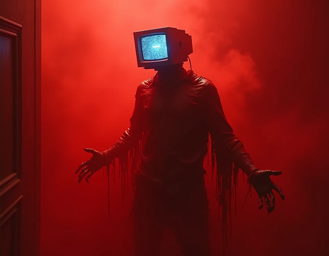 creepy man covered in blood with a monitor instead of a head in a red fog