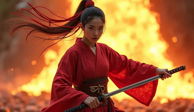 dynamic action shot, a Beautiful Asian woman, she is in red samurai armor mix with a yukata and without weapon, she is tall and grave, with red cords as a ribbon in her hair around a high ponytail and lines around her eyes, realistic, sharp skin, wielding ...