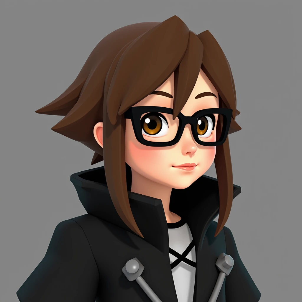 A young girl with brown shaved hair on the sides long on the top of her head, black rectangle glasses, slightly upturned nose, brown eyes, wearing an Organization XIII coat /from Kingdom Hearts/ low poly PlayStation2 3D model