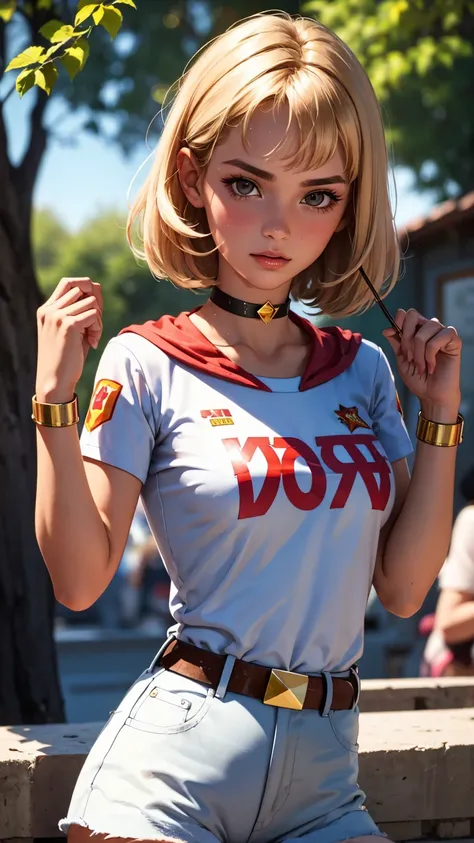 Soviet pioneer girl-model, Italian facial type, so pretty, too much tanned, blonde hair, bob hairstyle, straigt bangs, brown eyes, dimpled cheeks, beautiful figure, girl wearing crop t-shirt with short sleeves and white sexy denim short shorts with belt, b...