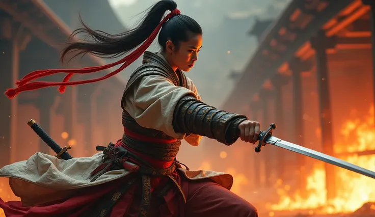 dynamic action shot, a Beautiful Asian woman, she is in red samurai armor mix with a yukata and without weapon, she is tall and grave, with red cords as a ribbon in her hair around a high ponytail and lines around her eyes, realistic, sharp skin, wielding ...