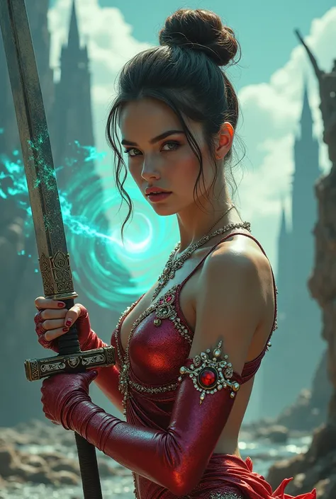 (  best quality  , 4K, 8k,   high-resolution  , masterpiece: 1.2), (  super detailed  , realistic, fotorealistic:1.37),  brunette updo ,  holds in one hand a Kitana sword with decorations and diamonds  , Russin1 .2),( wears a shiny metallic red and iridesc...