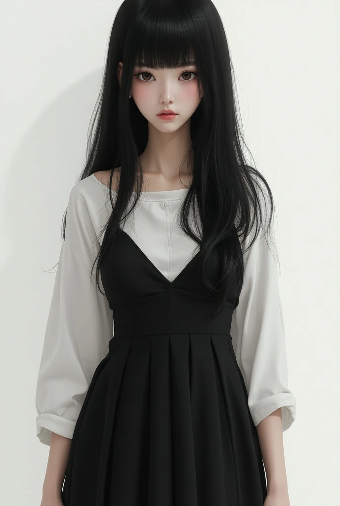 girl  with black long straight hair , medium colour skin , a little skinny , dark brown eyes , nose a little big but not much, black and white medium dress 