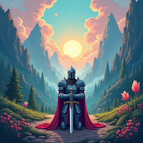  A knight on his knees,  fantasy landscape , cartoonist 