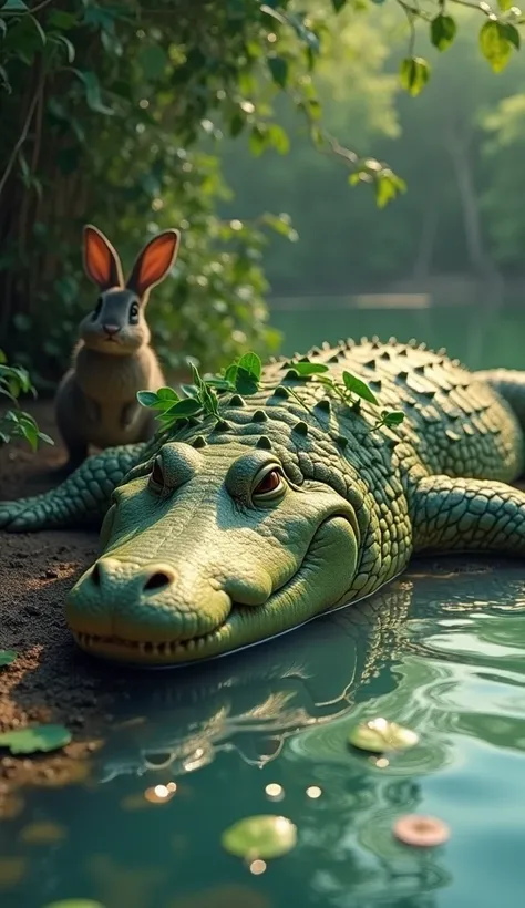 Prompt 3: "A crocodile lying on the riverbank with its eyes closed, looking calm and slightly smiling, with several green leaves placed on its head by a clever rabbit hiding behind a bush. The rabbit, named Tukai, is sneaking away quietly, with a playful e...