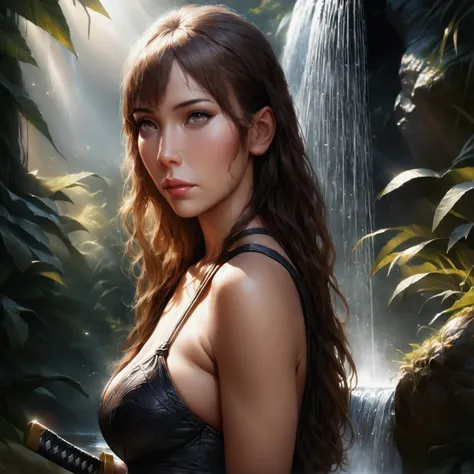 cute woman, showering in a waterfall, amazing butt, Katana leaning against cliff nearby, (amazing workmanship), beautiful detailed eyes, beautiful detailed lips, extremely detailed eyes and face, long eyelashes, beautiful woman, porcelain skin, graceful po...