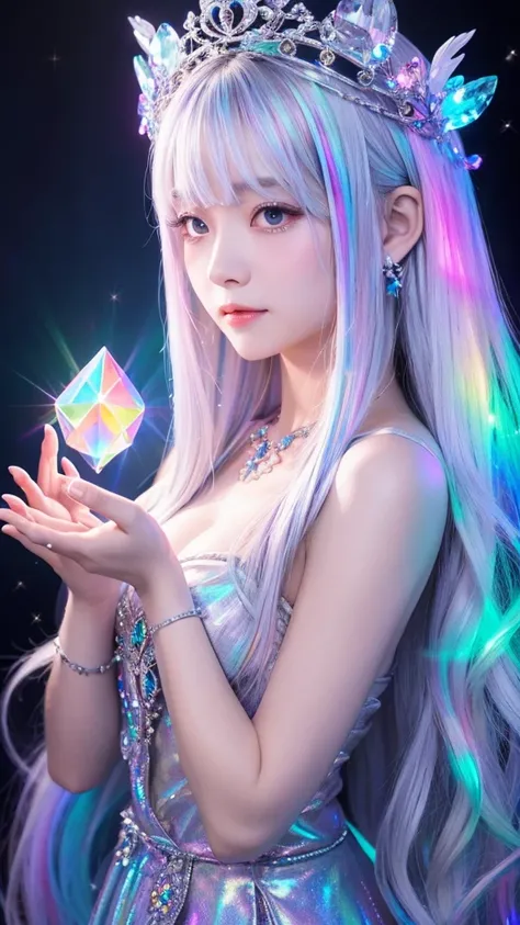 goddess　 facing the front　Mysterious　crown　Light color　 Spiritual　Silver Hair　Pale Rainbow 　 has a glowing crystal in her hand　face is skin tone　Rainbow-colored aura in the background 

