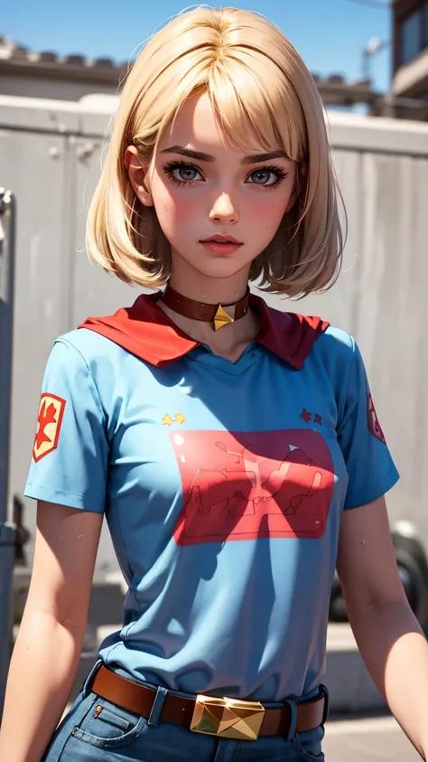 Soviet pioneer girl-model, Italian facial type, so pretty, too much tanned, blonde hair, bob hairstyle, straigt bangs, brown eyes, dimpled cheeks, beautiful figure, girl wearing crop t-shirt with short sleeves and white sexy denim short shorts with belt, b...