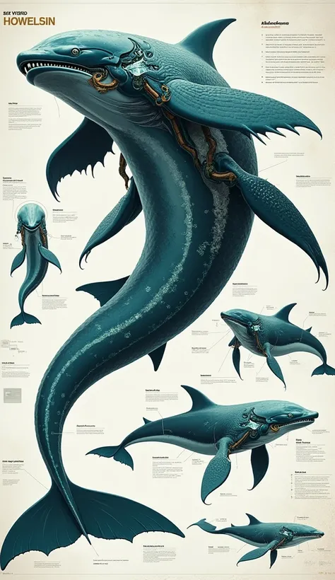 Future mega-evolution hybrid animal, in infographic data, amphibian killer whale