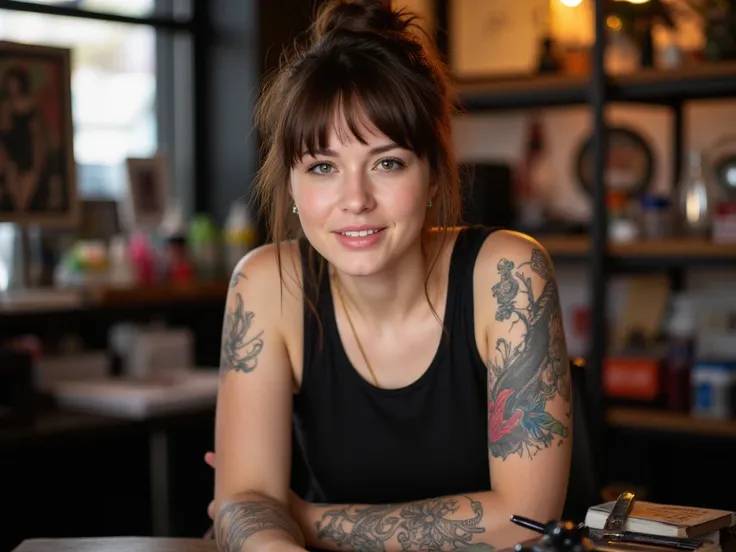 A young brunette female tattoo artist in a tank top 