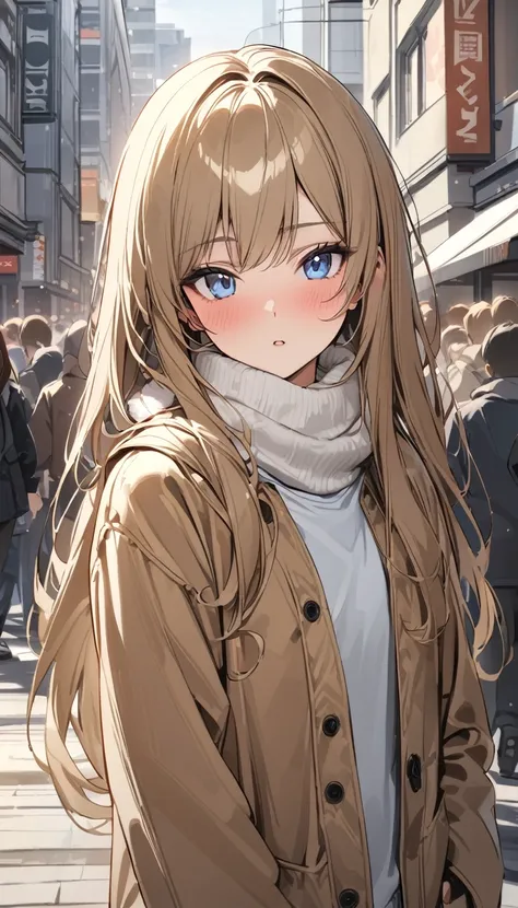 masterpiece,absurdres,8k, casual fall fashion,white Breath, muffler 、upperbody shot,blush, urban background with lots of people ,(solo lady),(22-year-old),(dark blonde hair:1.2),(straight long hair:1.1),break,shiny blue eyes,break,(flat chest),(athletic),