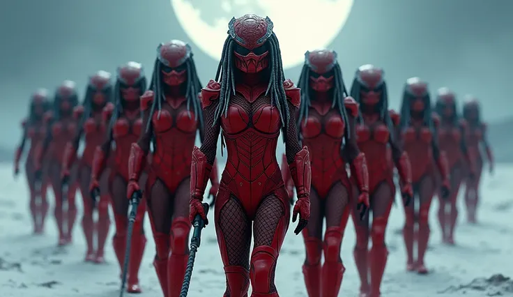 FULL BODY. AN ARMY OF VOLUPTUOUS STRONG FEMALE PREDATOR WARRIOR FROM THE MOVIE "PREDATOR" WEARING red FULL WARRIOR ARMOUR AND PREDATOR MASK. THEY WEAR A BLACK MESH SUIT UNDER THE ARMOUR. SILVER DREADMILLS. HOLDING IDENTICAL PREDATOR ARMS. VERY DETAILED TEX...