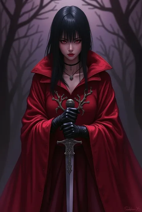  Fanart Black purple haired bloke mid-eyed red-robed brown holding dagger