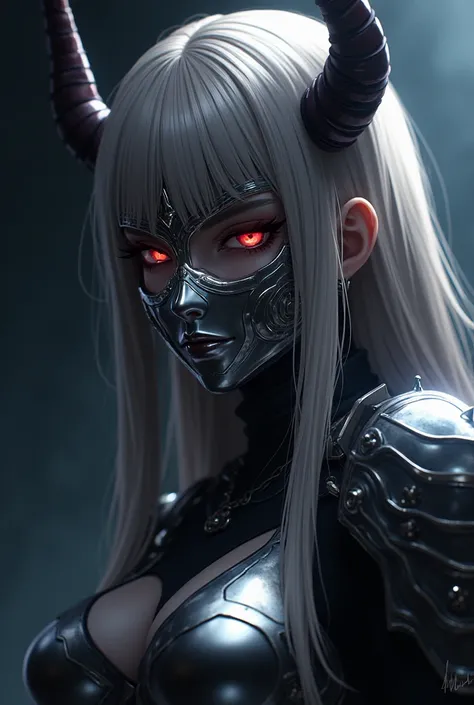 Create an anime image ,  mask of an anime girl that is a fusion of Evil Eye from Overlord and Karaka from Tower of God, Who has a completely metallic one putting on a ,  mask and that the mask has demon horns and has horned armor on the right shoulder stra...