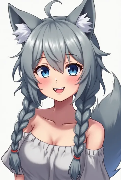  1 girl, Gray Hair, Two braids hanging down on either side,  big breasts at the temple, Wolf Ears,  blue eyes, The fangs are sharp, Grin, Character portrait, Food,  anime style,  wolf tail 