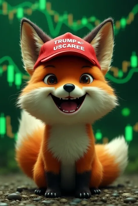 photo 2: 3 of a detailed ,  joyful Degen fox like Elon Musk wearing Donald Trumps campaign  ((red )) Donald Trumps cap amid green Japanese candles from the growing cryptocurrency schedule