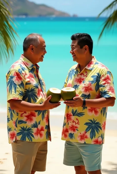 The photo of the President of China and Italy in Hawaii island wearing Hawaiian clothes eating coconut.