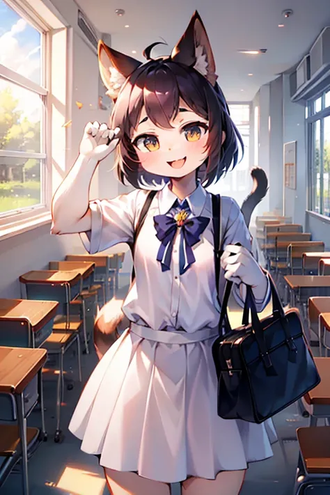 High school girl, Small、  cute face,Cat-like mouth、 open your mouth and smile, innocent smile ,long cat ears ,  white uniform,black hand bag ,  Dynamic Poses 、School,  highly detailed backgrounds ,  high quality,  high detail,  perfect anatomy,  very fine ...