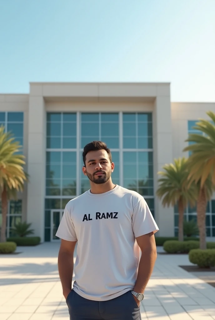 A man standing in front of a modern school called al ramz wearing in a shirt that say jad 