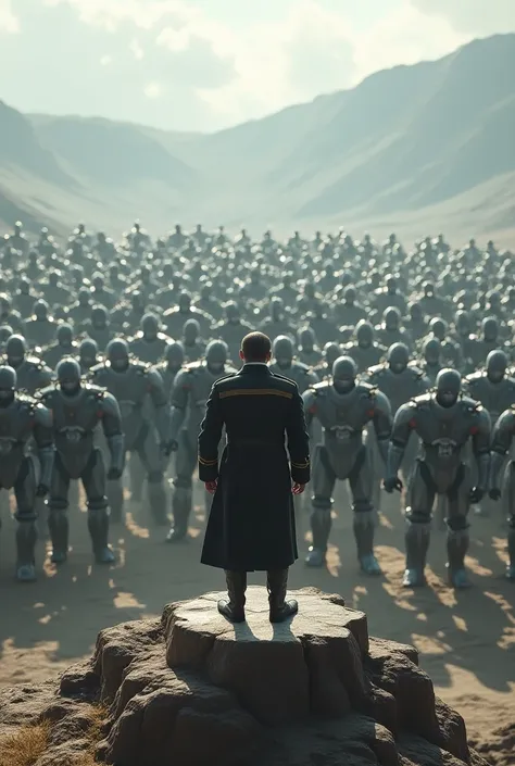 A man giving a speech in a higher ground  to an army of giant robot 