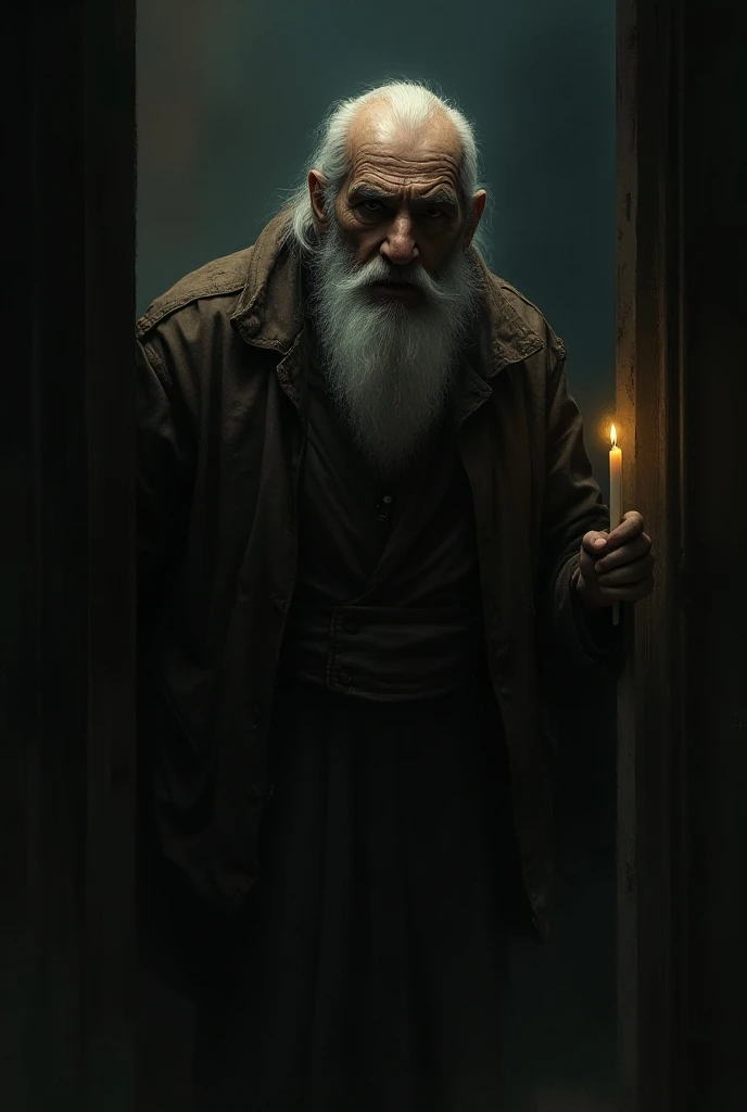 An old man with a wrinkled face and a long, thin beard appears from the shadows in a dark corner of the mansion. He wears tattered clothes and has a mysterious, intense look in his eyes. Behind him, dim candlelight flickers, casting eerie shadows on his fa...