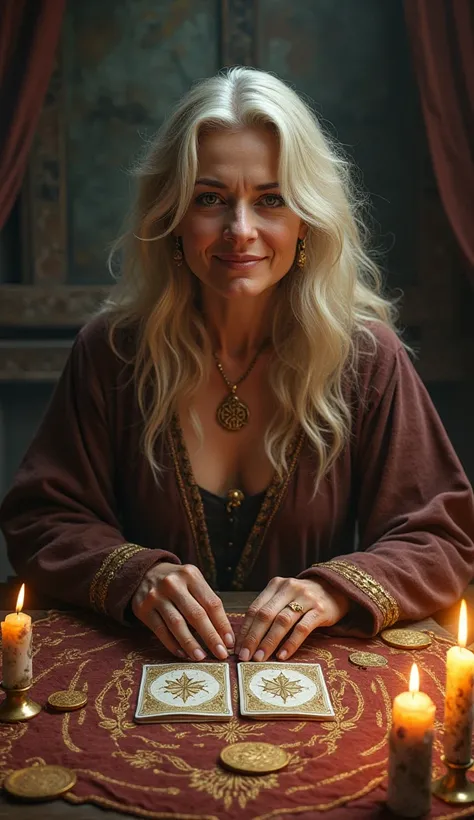 A middle-aged fortune teller ,  with wavy blond hair that falls softly over her shoulders ,  sitting at a table covered with a mystical fabric embroidered with ancient symbols .  She is surrounded by burning candles and crystals shining in soft tones ,  cr...