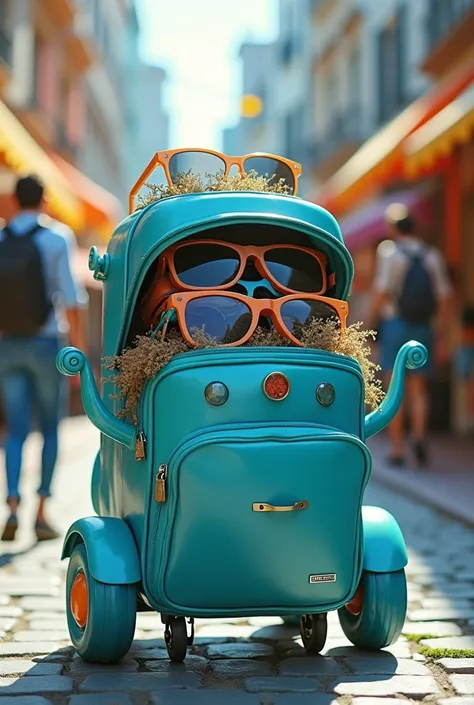 Box full of eyewear with wheels as blue trolley bag