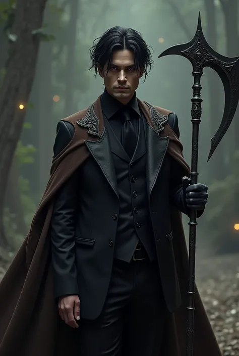 Black haired guy purple eyes red in black suit in brown robe holding devils sickle