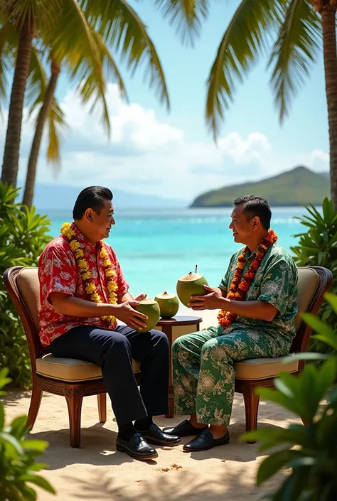 The photo of the President of China and the Prime Minister of Italy on the island of Hawaii in Hawaiian clothes eating coconuts while sitting on a chair.