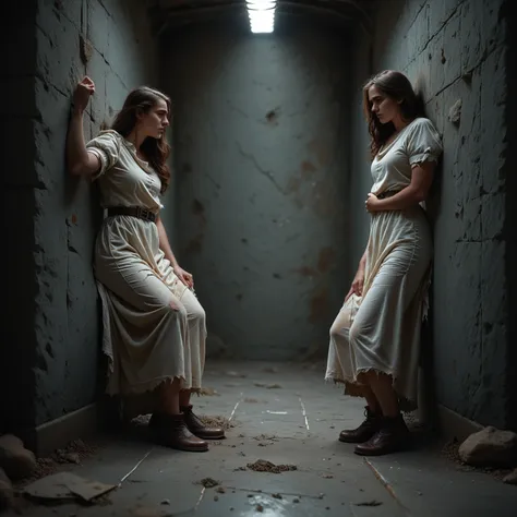 female sitting on floor next to wall, legs stretched, arms touching legs, prison, brown hair, white peasant clothes, wide leathe...