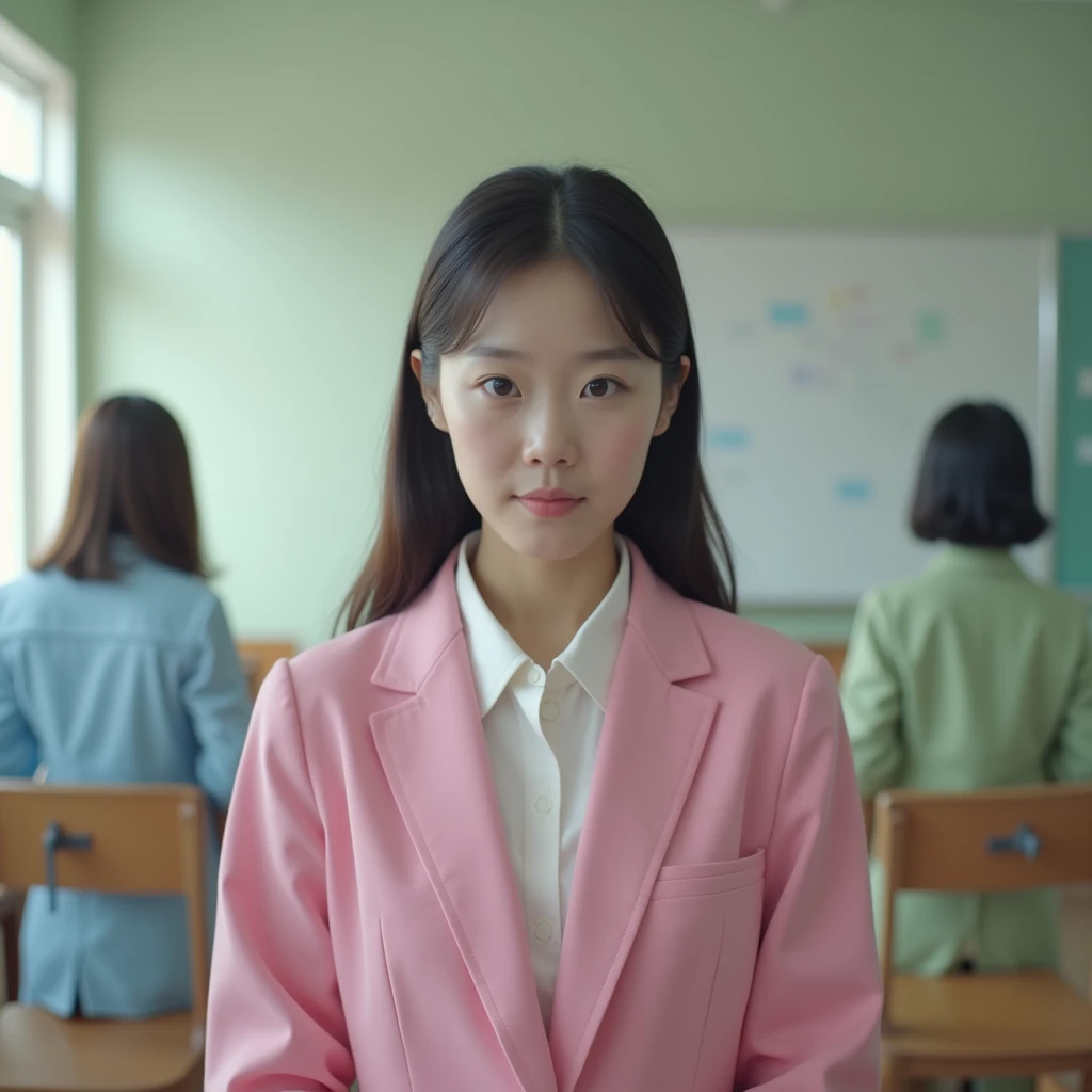  The Korean sister at the front is wearing a pink bread suit ，, a sister in a light blue bread suit standing in the back on the left， standing in the right back, a sister in a light green bread suit ，Classroom scene，Natural Light，Sense of atmosphere， high ...